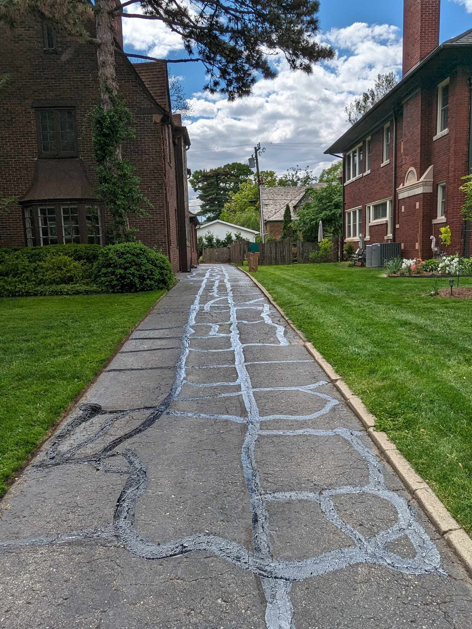 Asphalt driveway with cracks filled, flanked by green lawns and brick houses on a sunny day.