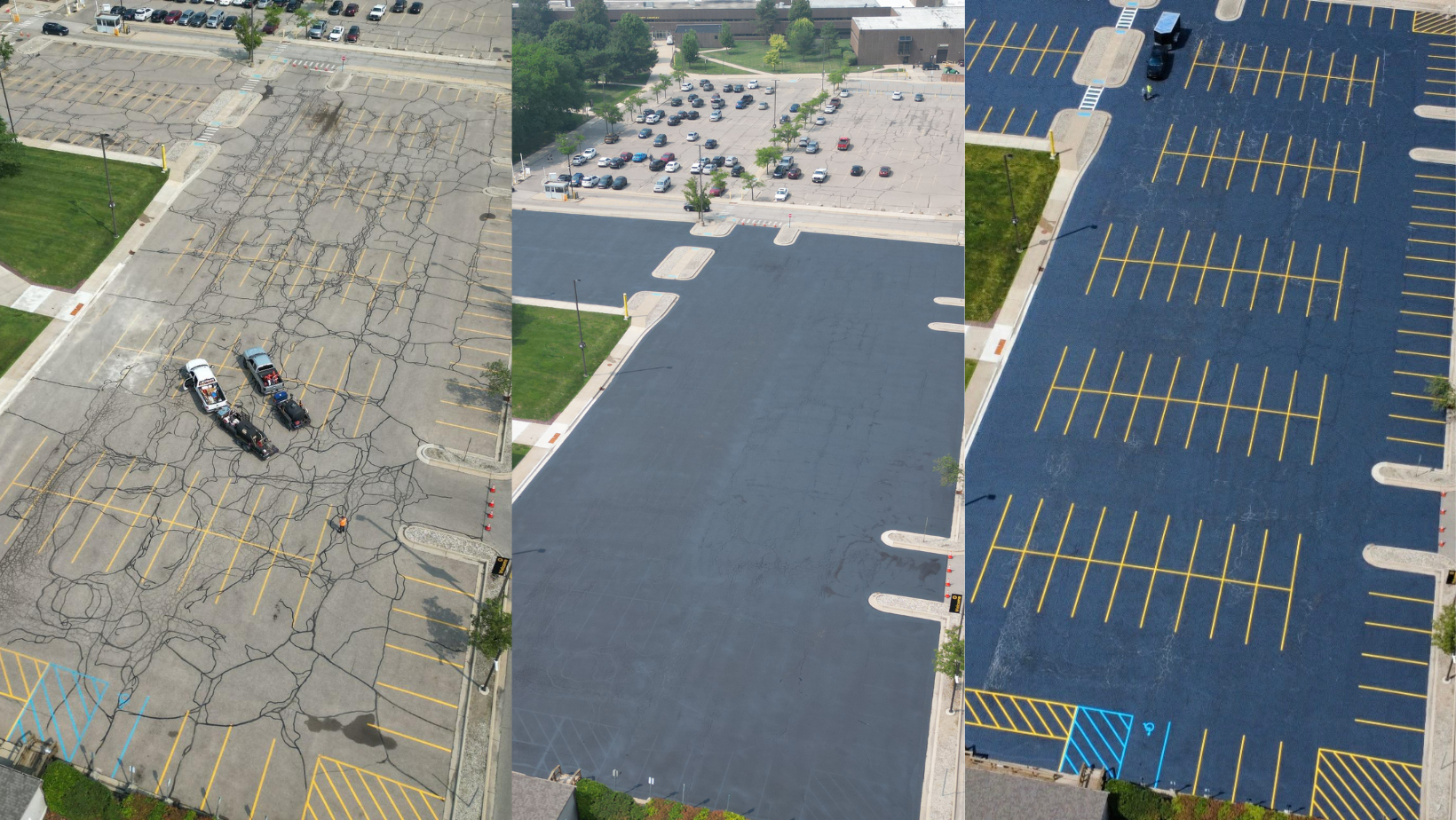 Three-panel view of a parking lot's renovation process: cracked pavement, asphalt paving, and new parking lines.