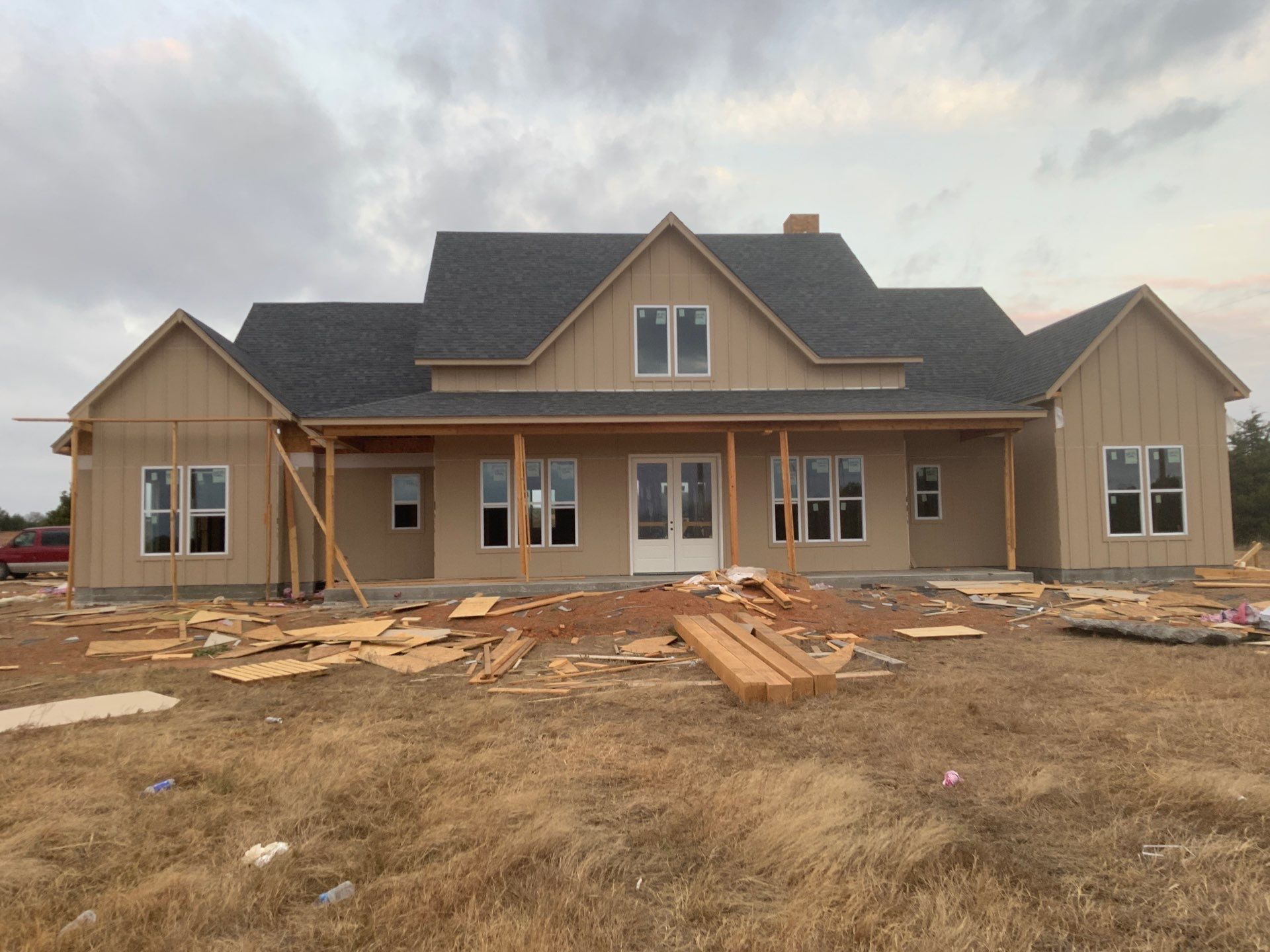 A house that is being built in a field