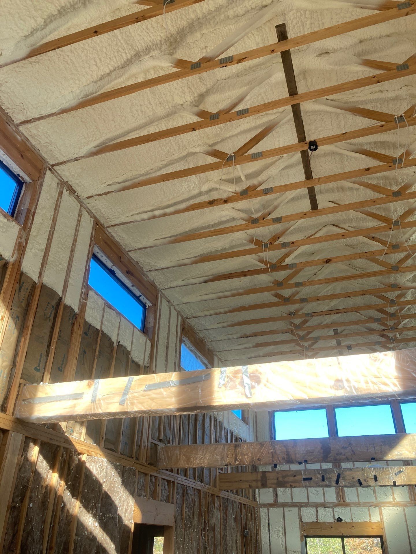The ceiling of a building under construction with a lot of windows.