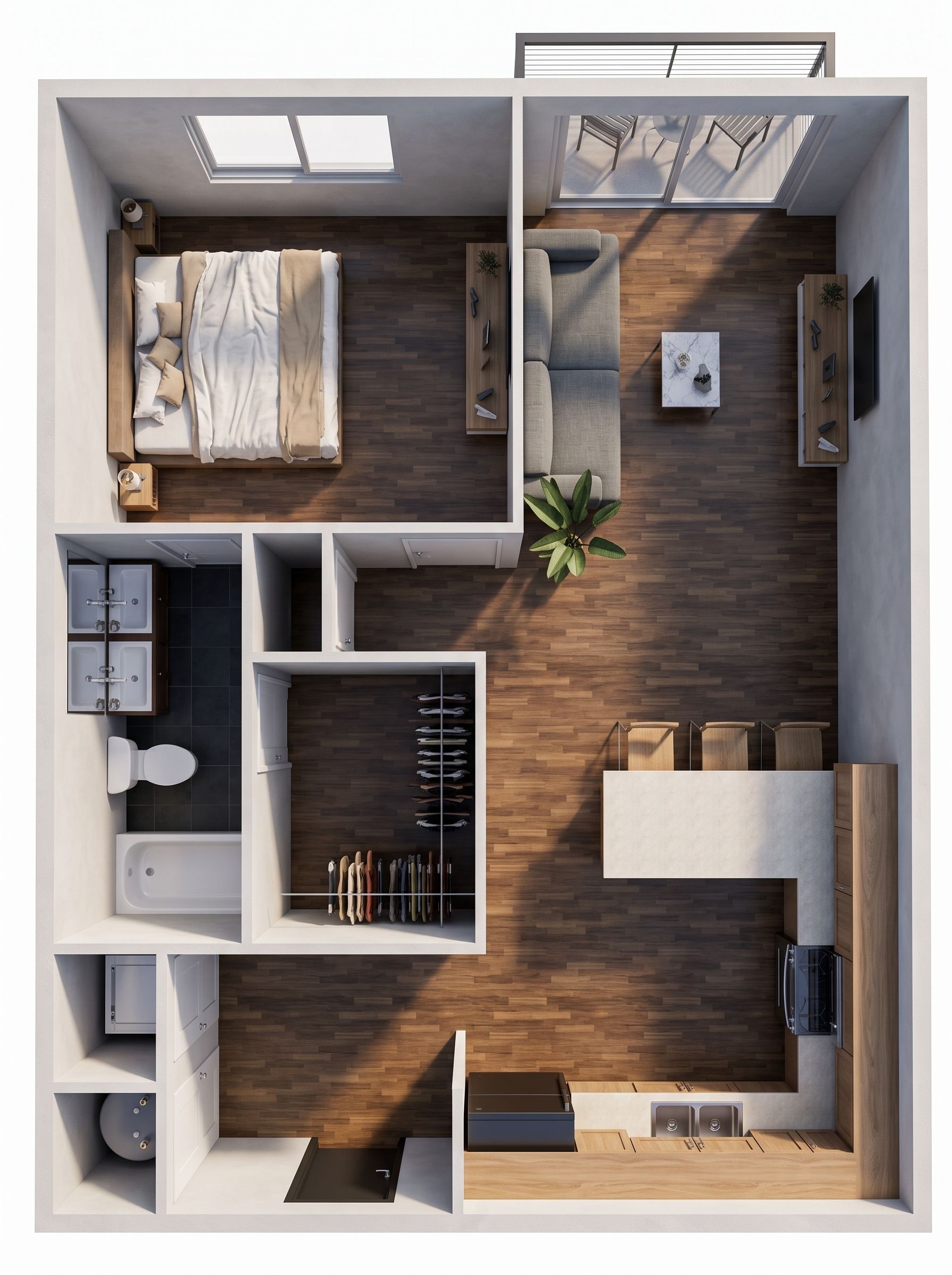 Top-down apartment floor plan with bedroom, bathroom, closet, and open living area with wood flooring.