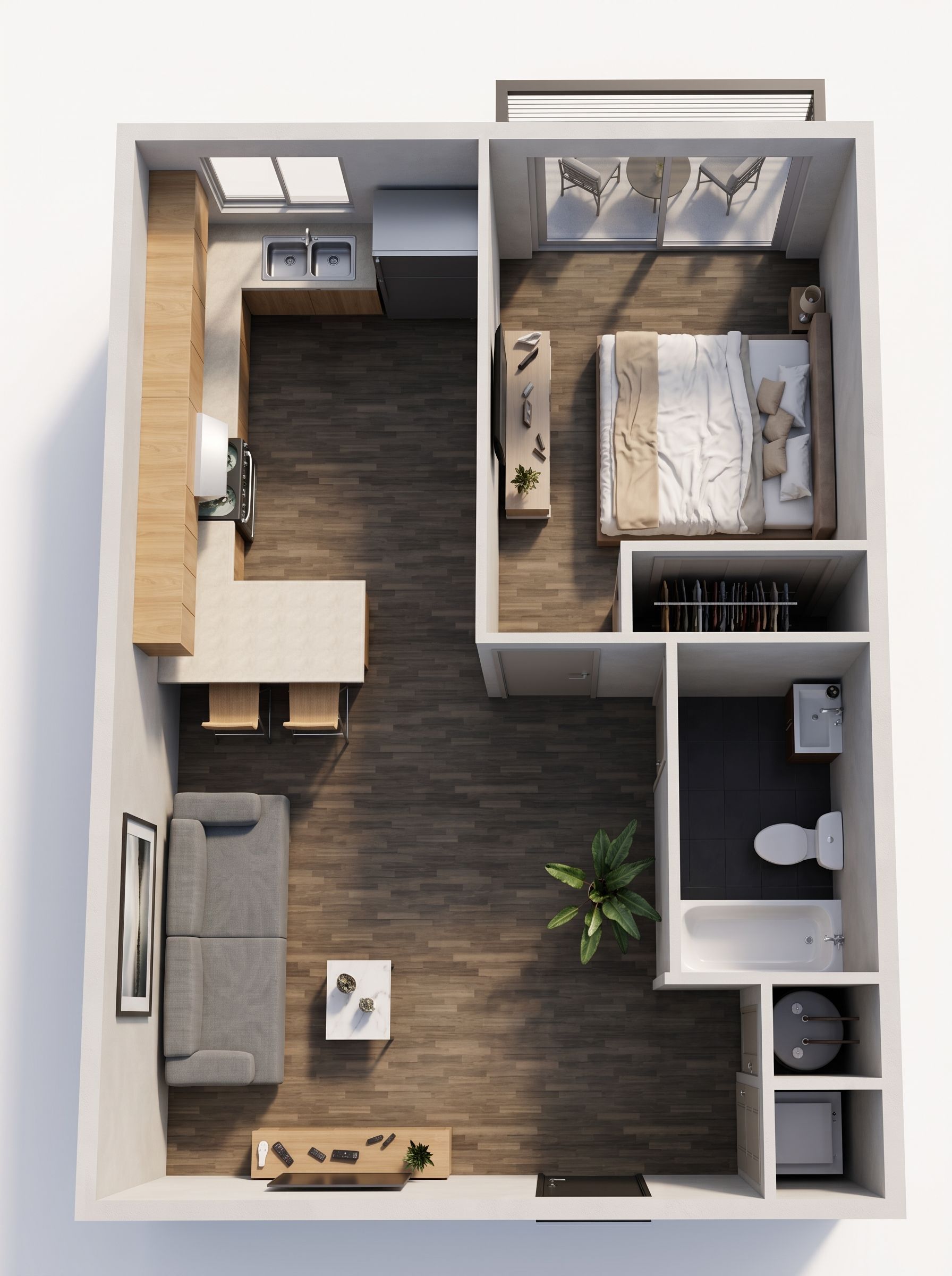 Top-down floor plan of a small apartment with bedroom, kitchen, living area, and bathroom.
