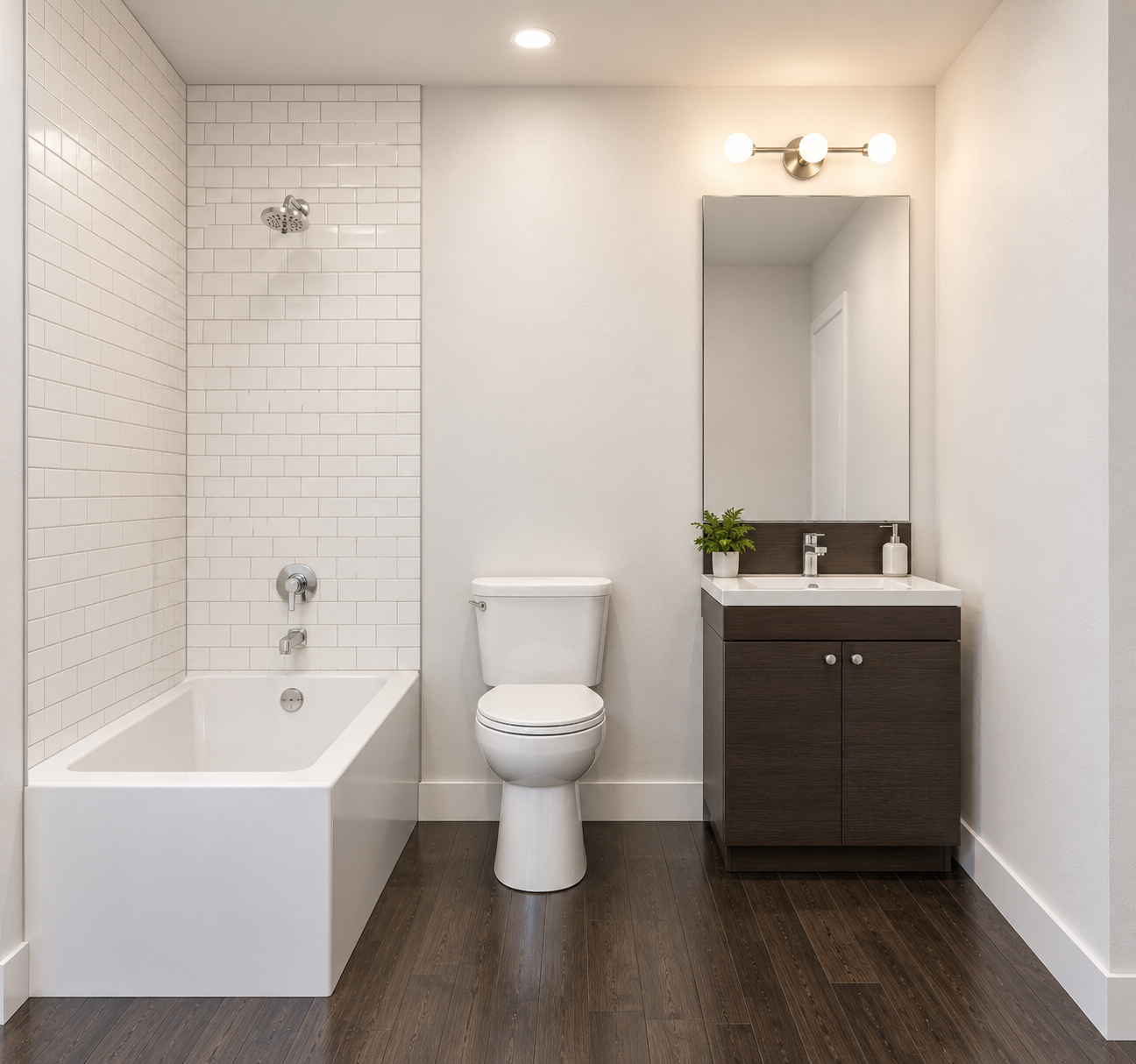 Artist's Rendering - Modern bathroom with white tile, bathtub, toilet, vanity, and dark wood floor
