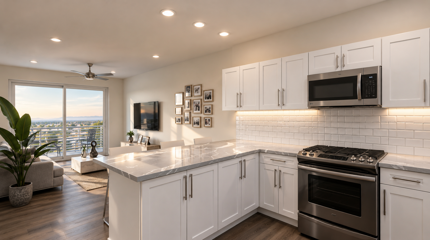 Artist's Rendering - Bright modern kitchen with white cabinets, stainless steel appliances, and quartz counters overlooking a living area.