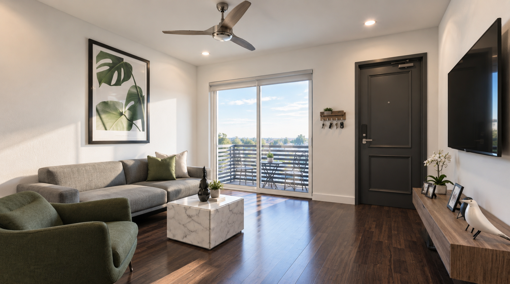 Artist's Rendering - Modern living room with gray sectional, wall-mounted TV, dark wood floor, and sliding glass doors to a balcony.