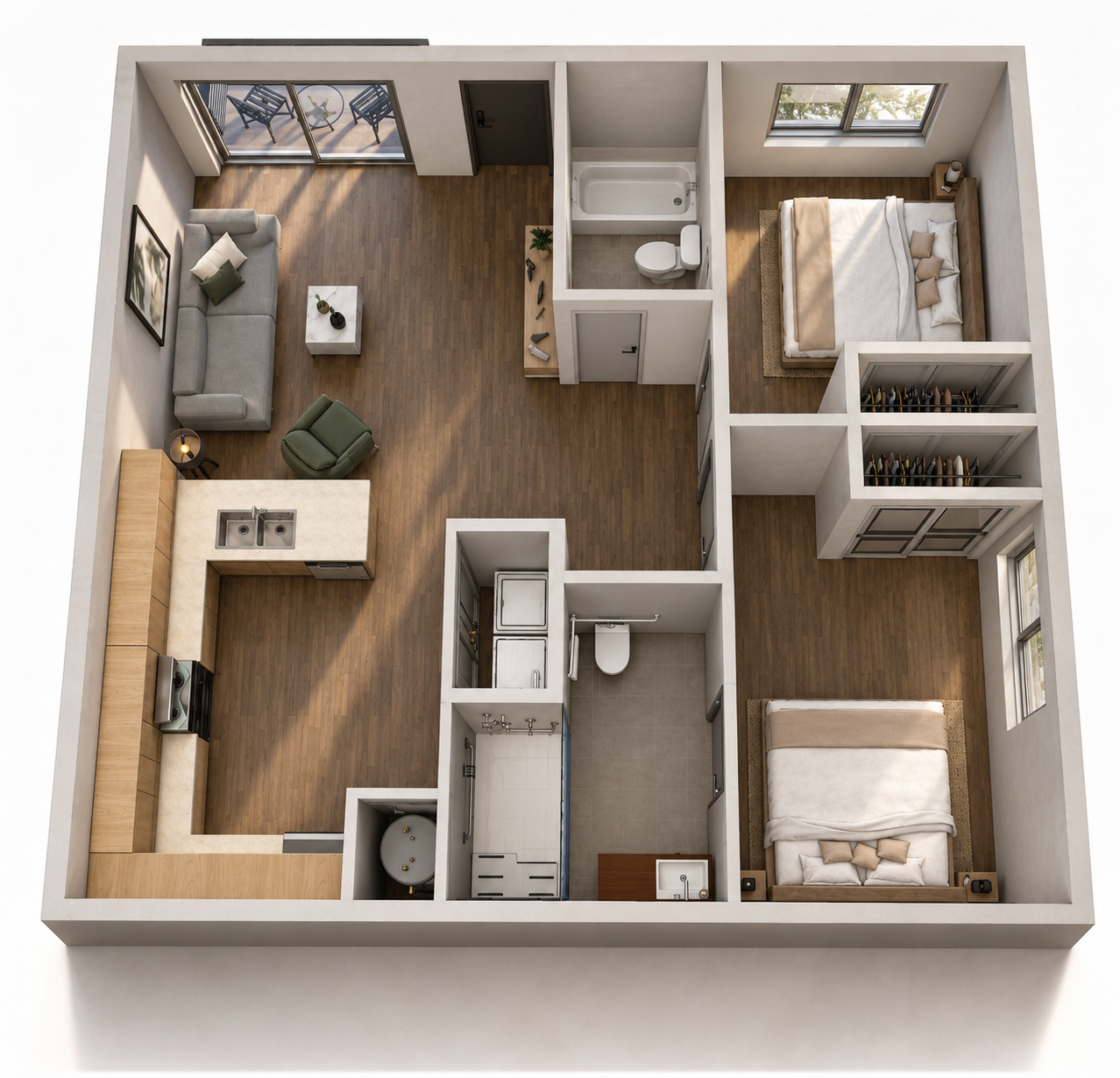 3D floor plan of a small apartment with living room, kitchen, bathroom, bedroom, and balcony in neutral tones