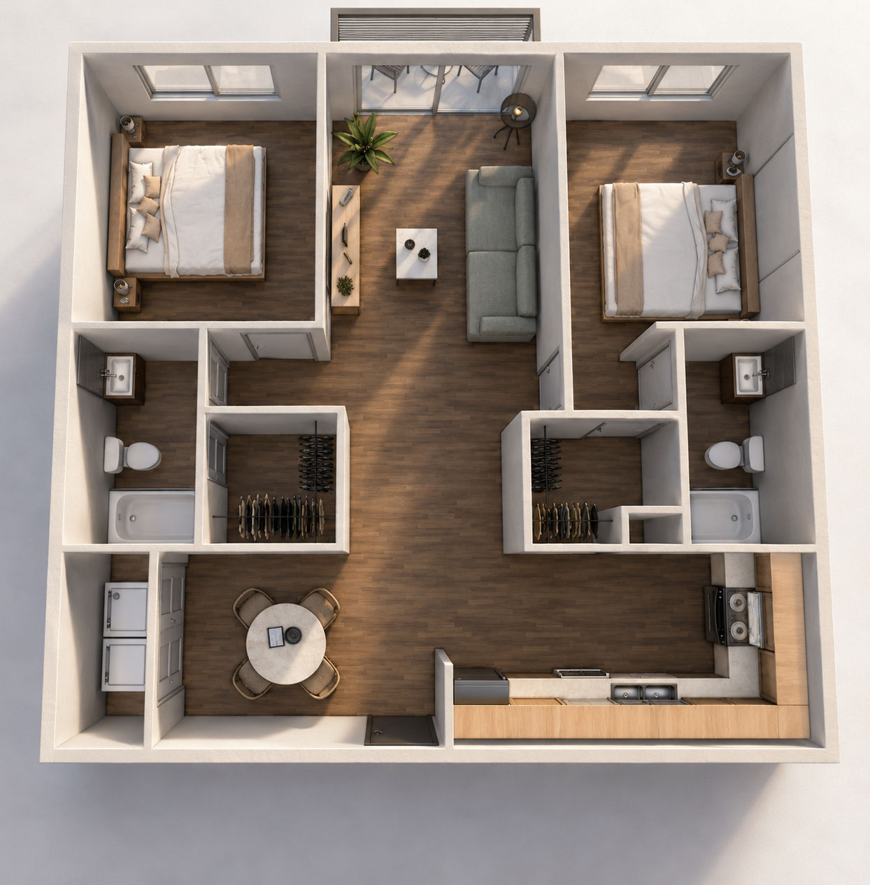Top-down view of a compact apartment floor plan with two bedrooms, living area, kitchen, and bathrooms.