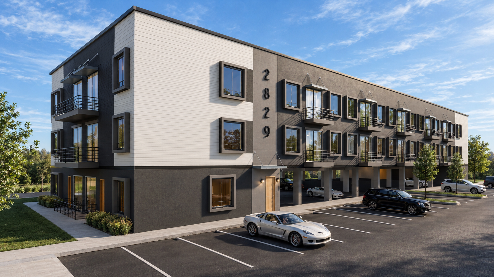 Artist's Rendering - Modern apartment building with parked cars and balconies under a blue sky