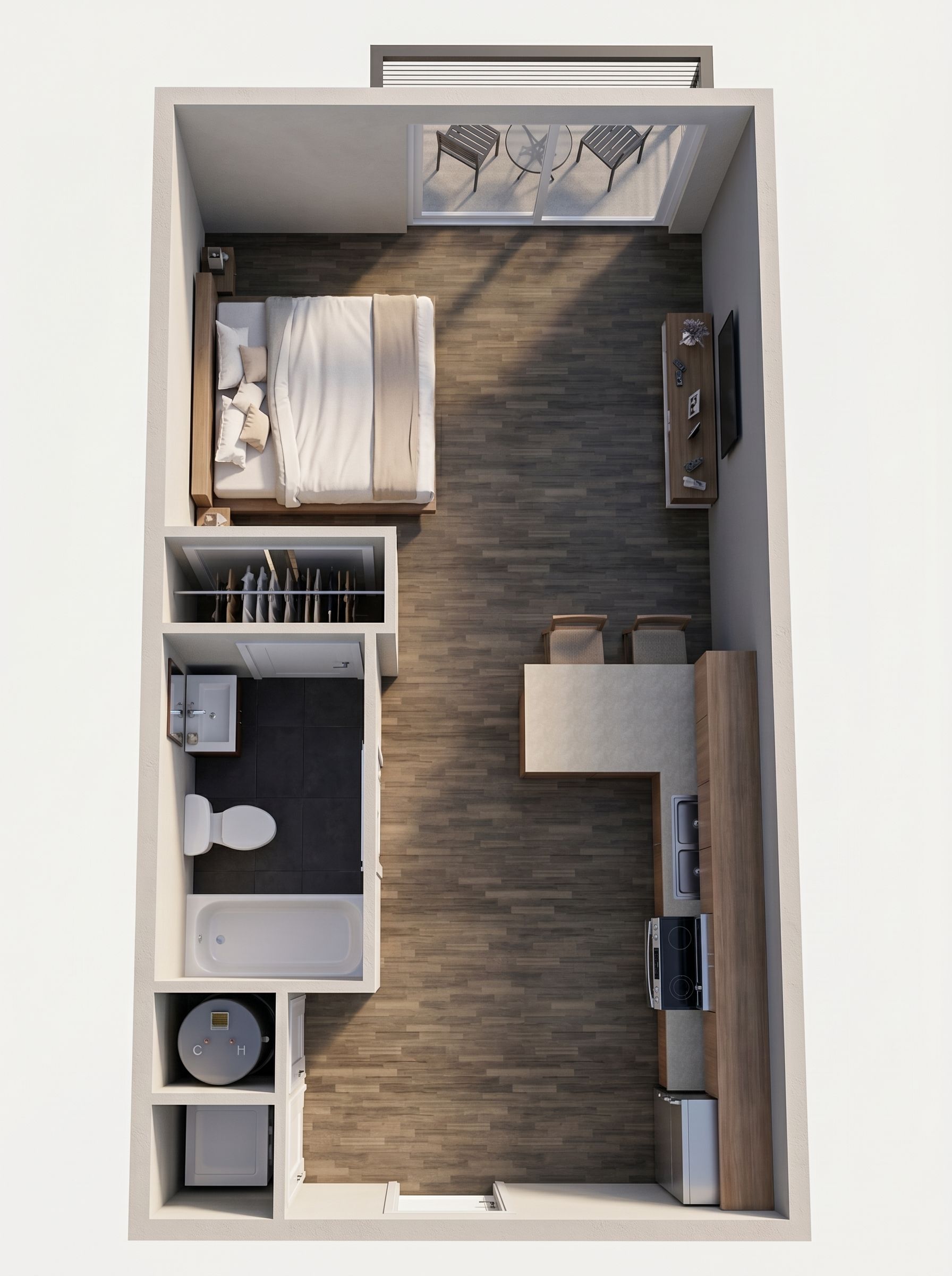 Top-down view of a small studio apartment with bed, bathroom, kitchenette, desk, and balcony.