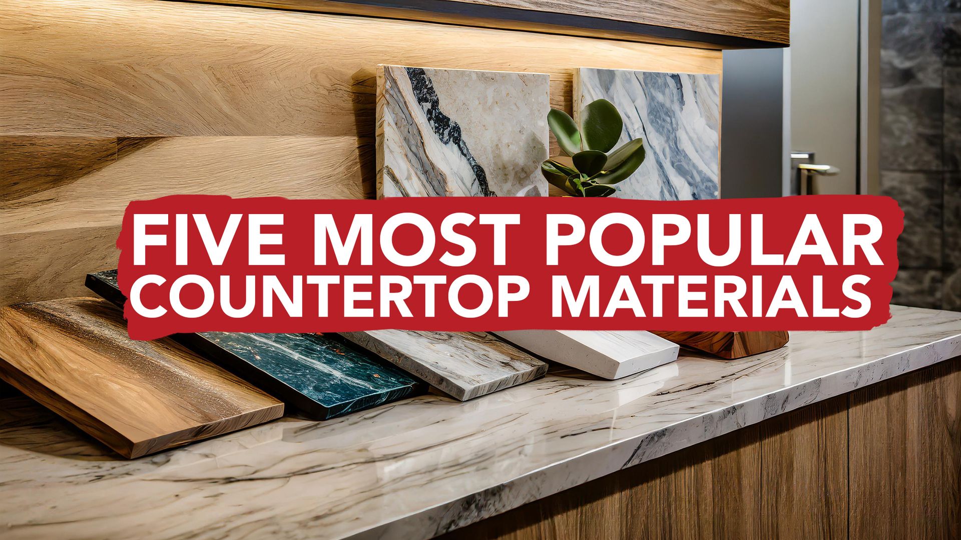 Several different countertop materials in a kitchen.