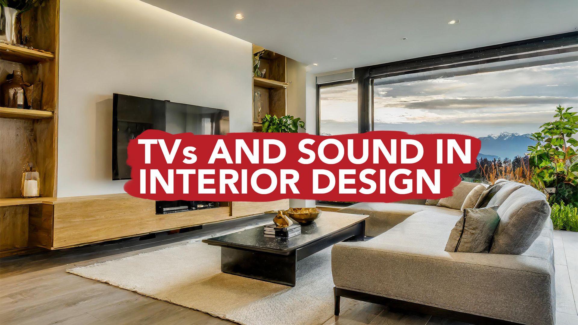 A modern lounge with a minimalist-designed TV with Vancouver in the background through the window. 