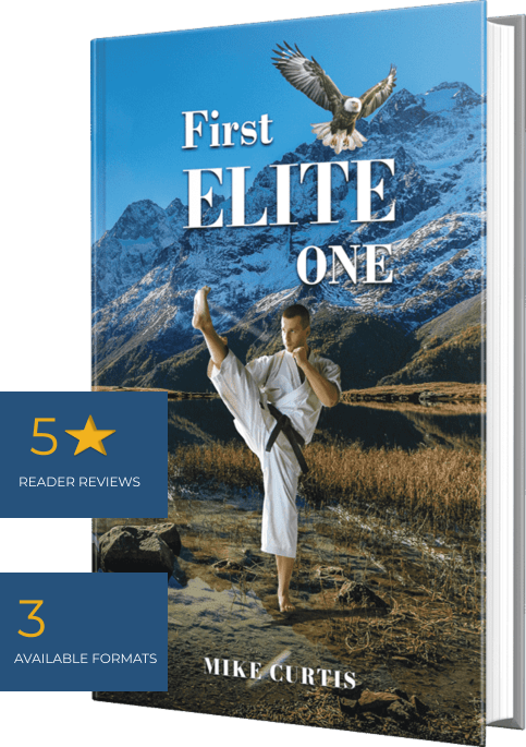 Book cover: Karate practitioner in white uniform, kicking; mountains and eagle in the background.