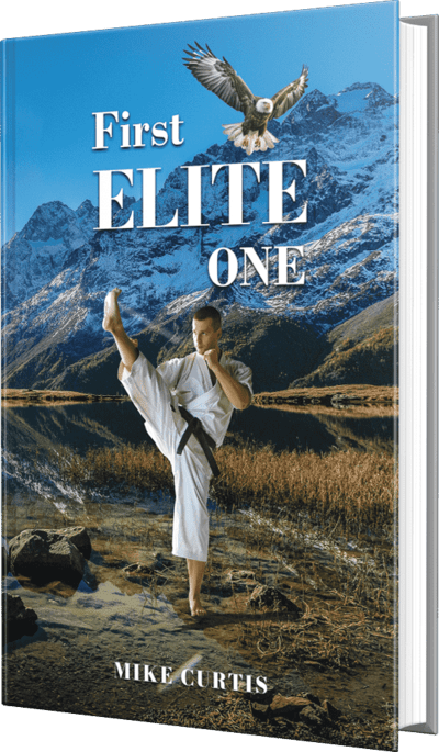 Book cover: Karate practitioner in white uniform, kicking; eagle overhead, mountains in background.