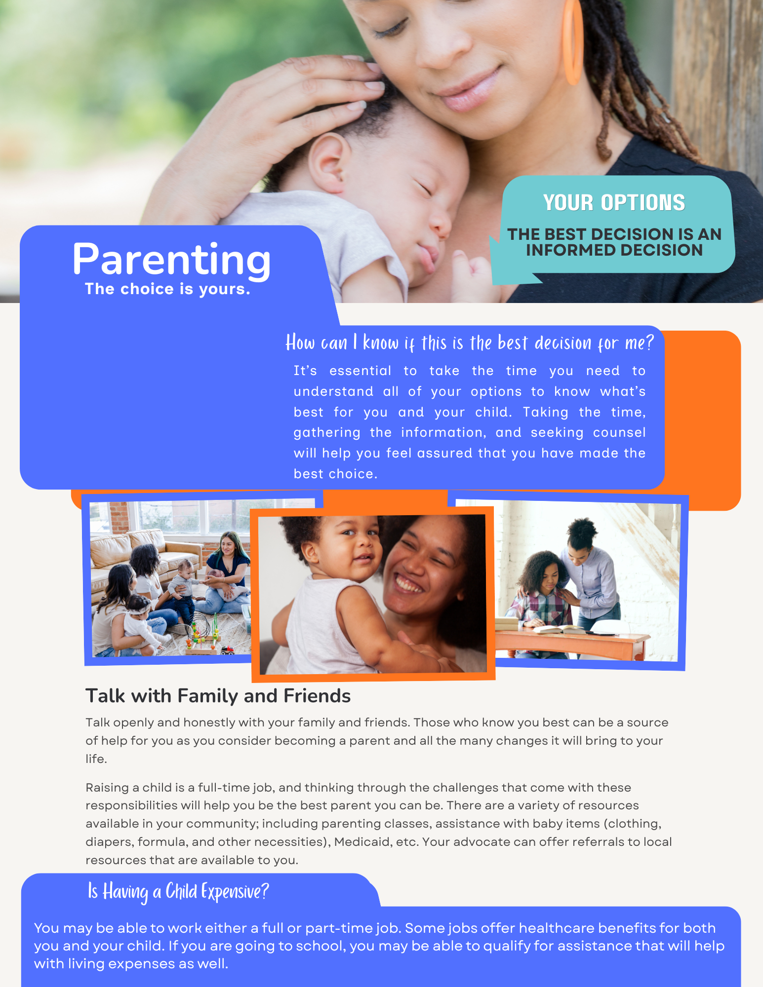 Parenting brochure with blue panels, baby photo, and family images about support options