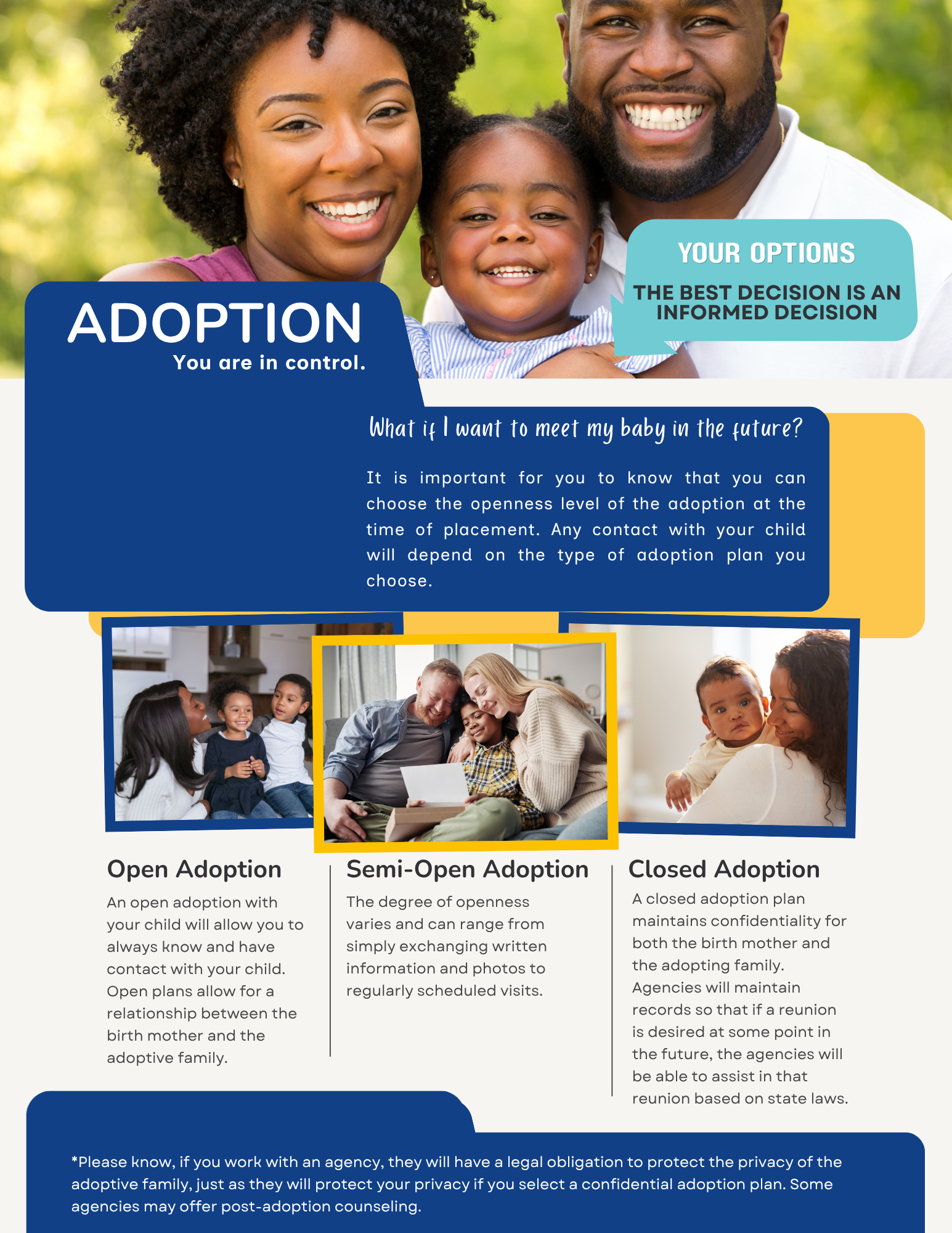 Adoption brochure with family photos, blue and yellow design, and sections on open, semi-open, and closed adoption