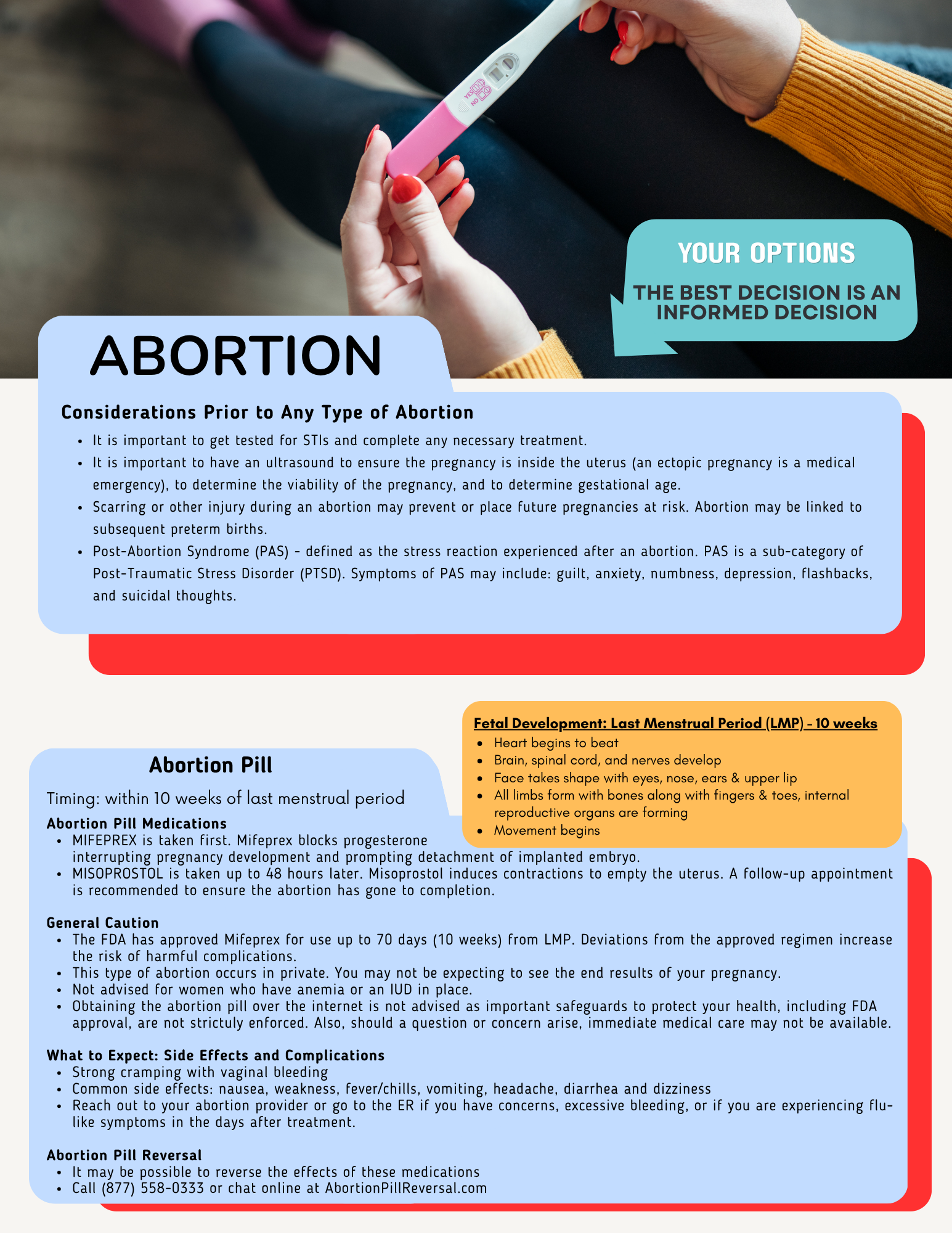 Abortion information infographic with blue, pink, and orange sections over a photo background