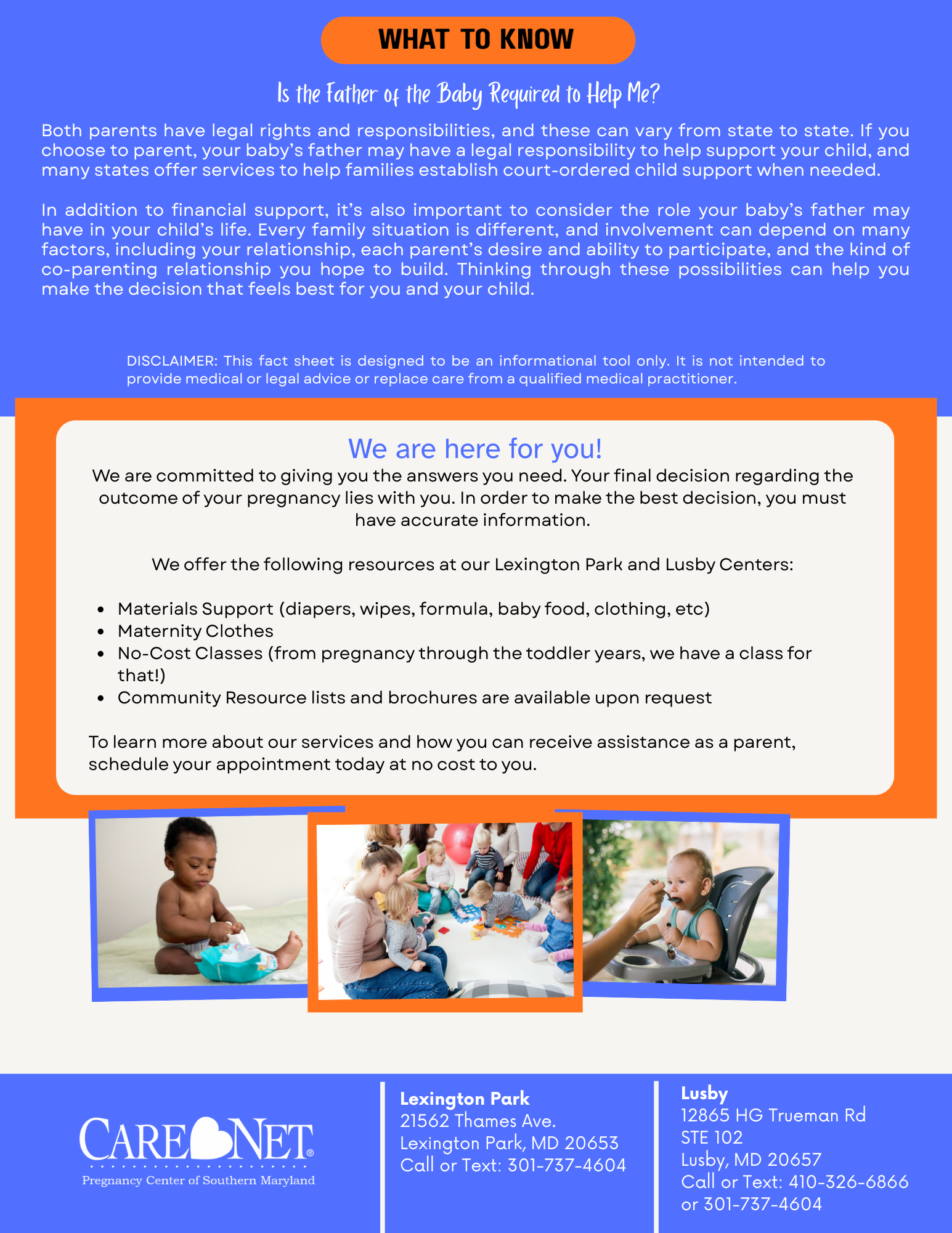 Care NET flyer with orange and blue panels, service details, and three small photos at the bottom