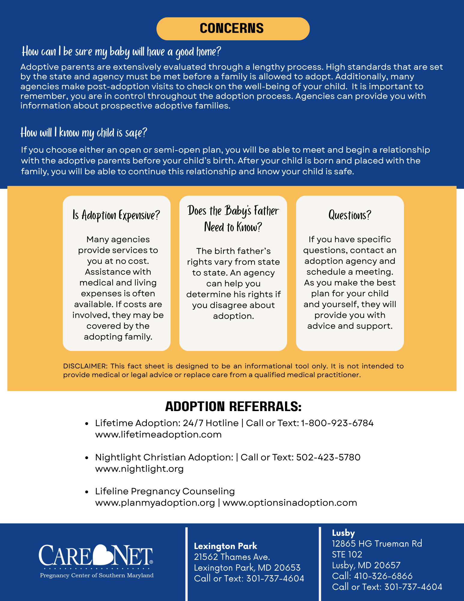 Blue and gold Care Net flyer with a concerns section, three advice boxes, and adoption referral contact details.