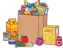 A cartoon illustration of a paper bag filled with groceries.