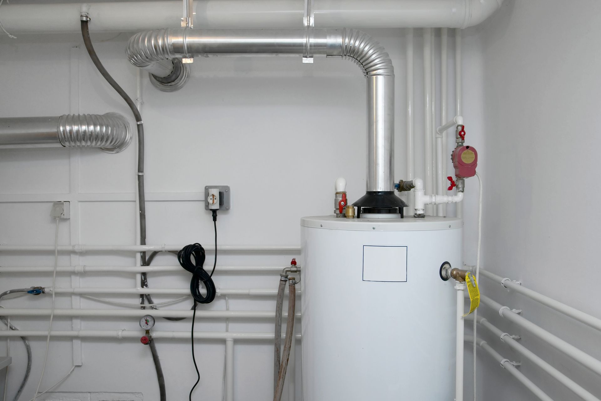 A white water heater is sitting in a room with pipes.