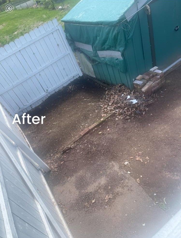 Overhead view of a small yard beside a white fence and green shed, with dirt, debris, and “After” text.