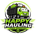 Happy Hauling junk removal logo with green smiling dump truck and trash bins