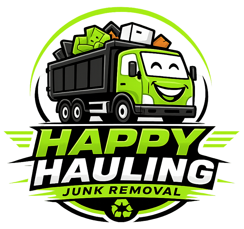 Happy Hauling junk removal logo with green smiling dump truck and trash bins