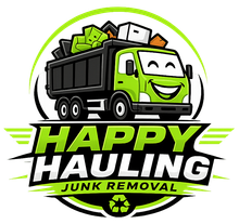 Happy Hauling junk removal logo with green smiling dump truck and trash bins