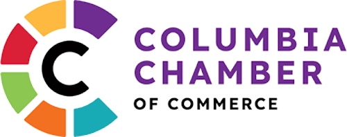 Columbia Chamber of Commerce logo with colorful circular C and purple text