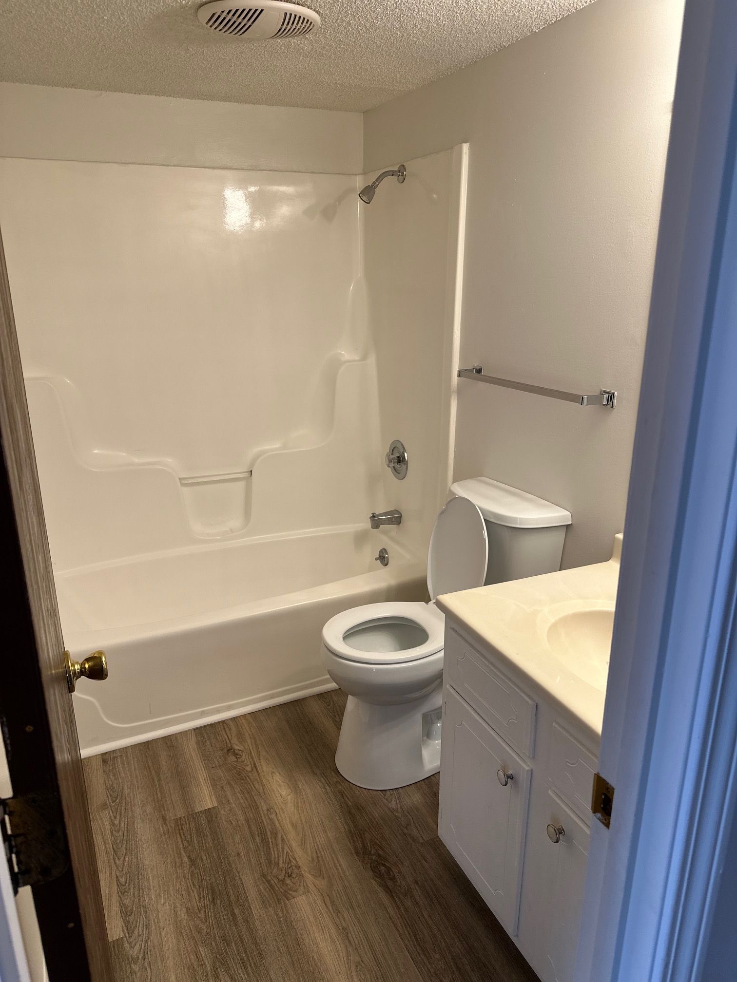 Small bathroom with tub-shower, toilet, vanity, and wood-look floor.