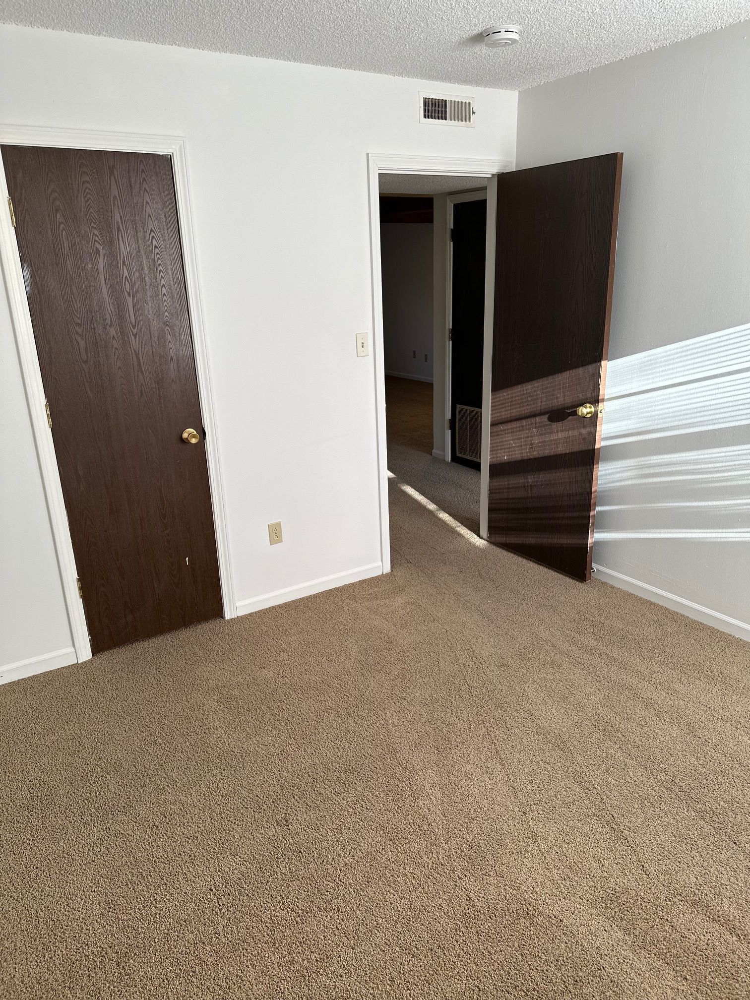 Empty beige-carpeted room with white walls and two dark wood doors, one open to a hallway.