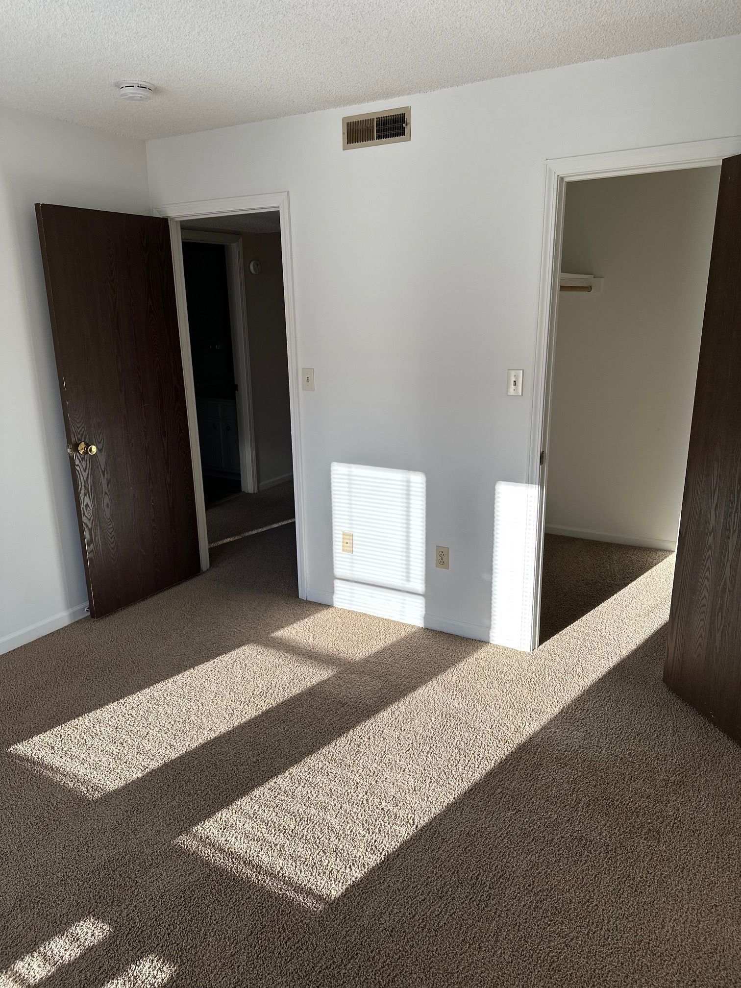 Empty beige bedroom with carpet, two open doors, and sunlight casting long shadows across the floor