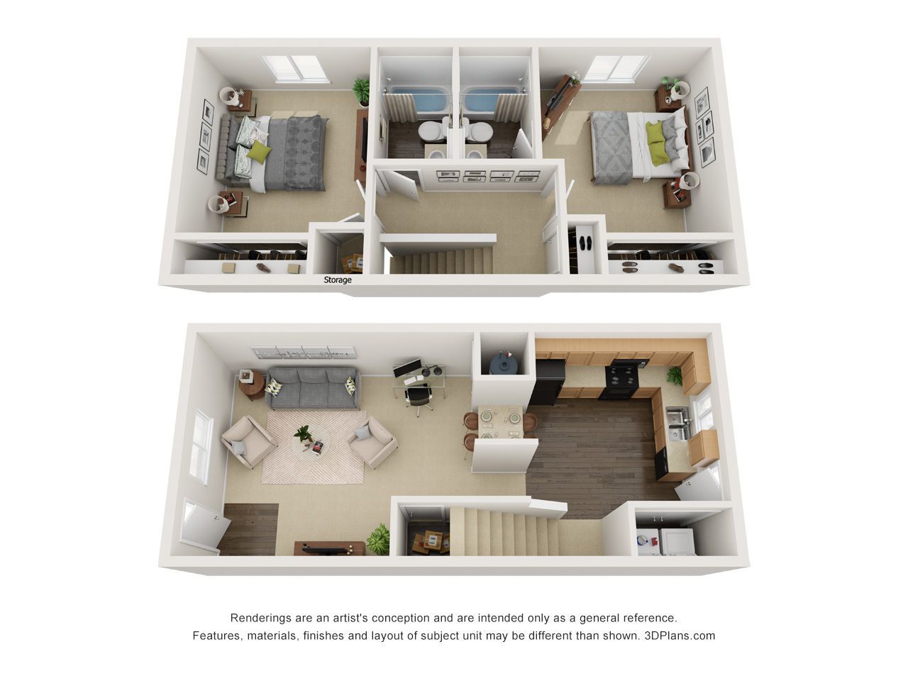 Two-floor apartment layout with bedrooms upstairs and living room, kitchen, and stairs downstairs