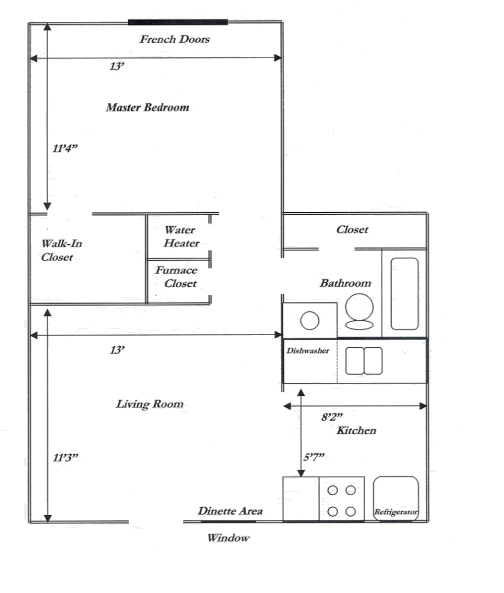 Floor plan of a small apartment with labeled rooms, furniture, and dimensions.