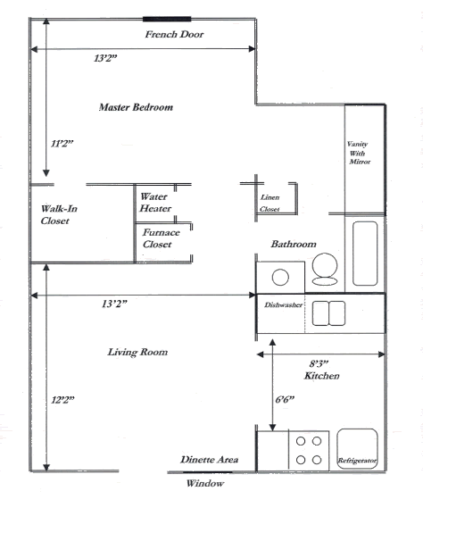 Black-and-white apartment floor plan with labeled rooms, closets, and windows.
