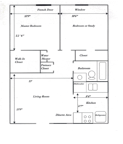 Black-and-white apartment floor plan with master bedroom, living room, kitchen, bathroom, and closets.