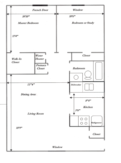 Black-and-white floor plan of a house layout with labeled rooms, doors, closets, and windows