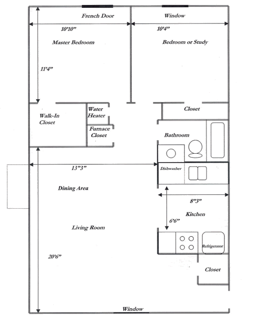 Floor plan of a small home with labeled rooms, furniture, and dimensions.