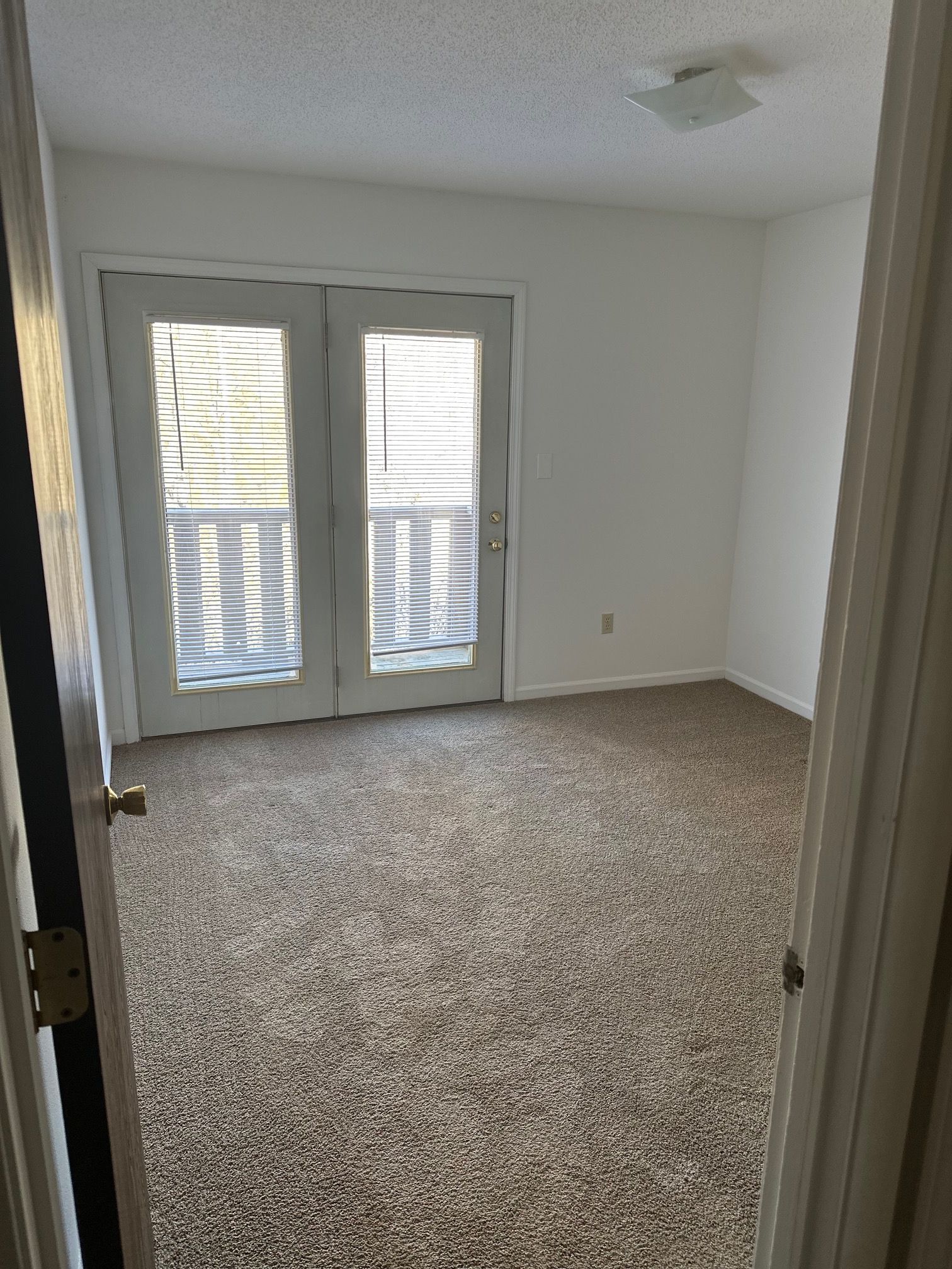 Empty carpeted room with white walls and double glass doors to a balcony.