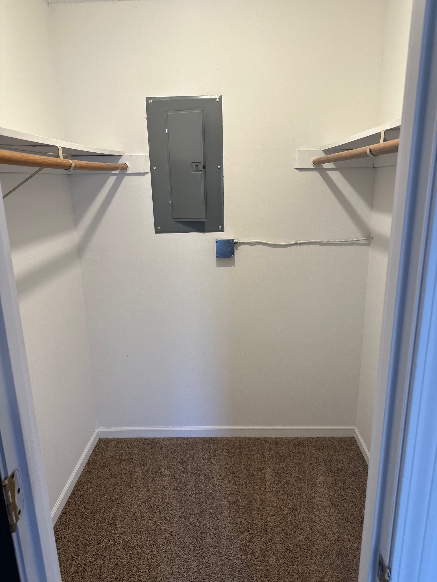 Empty closet with wire shelves, white walls, brown carpet, and electrical panel on the back wall