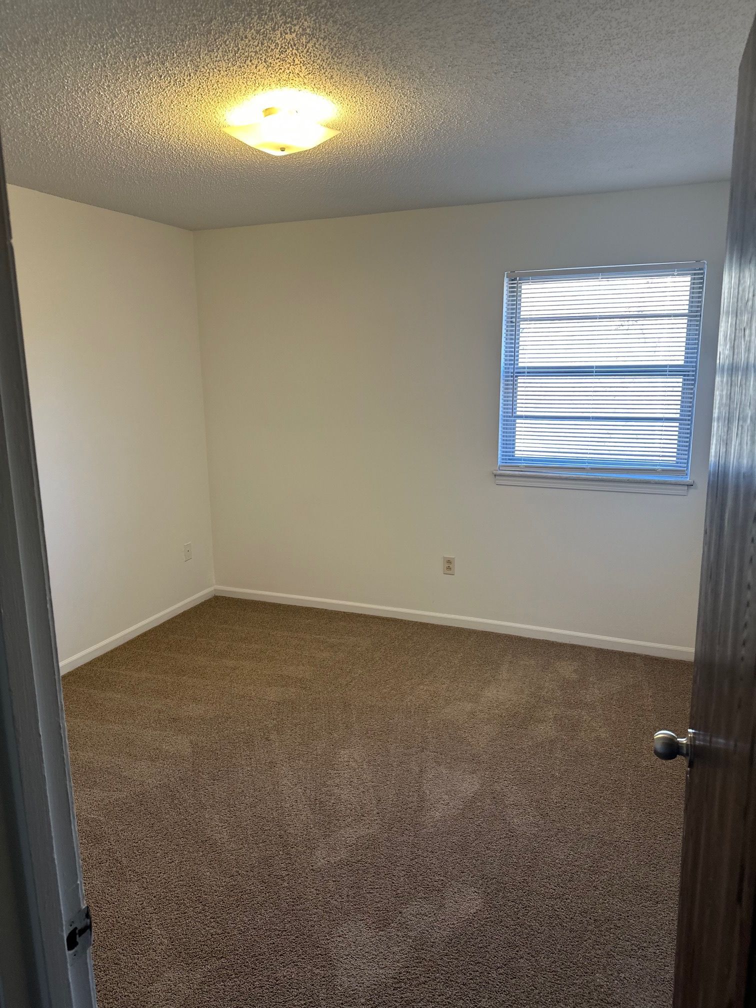 Empty carpeted bedroom with white walls, ceiling light, and a small window with blinds.
