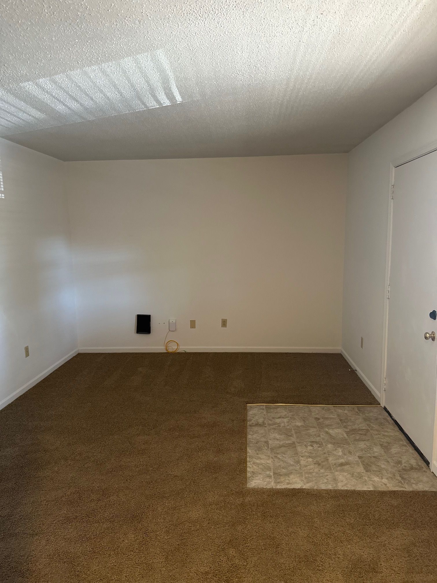 Empty beige room with brown carpet, white door, and a small patch of lighter flooring.