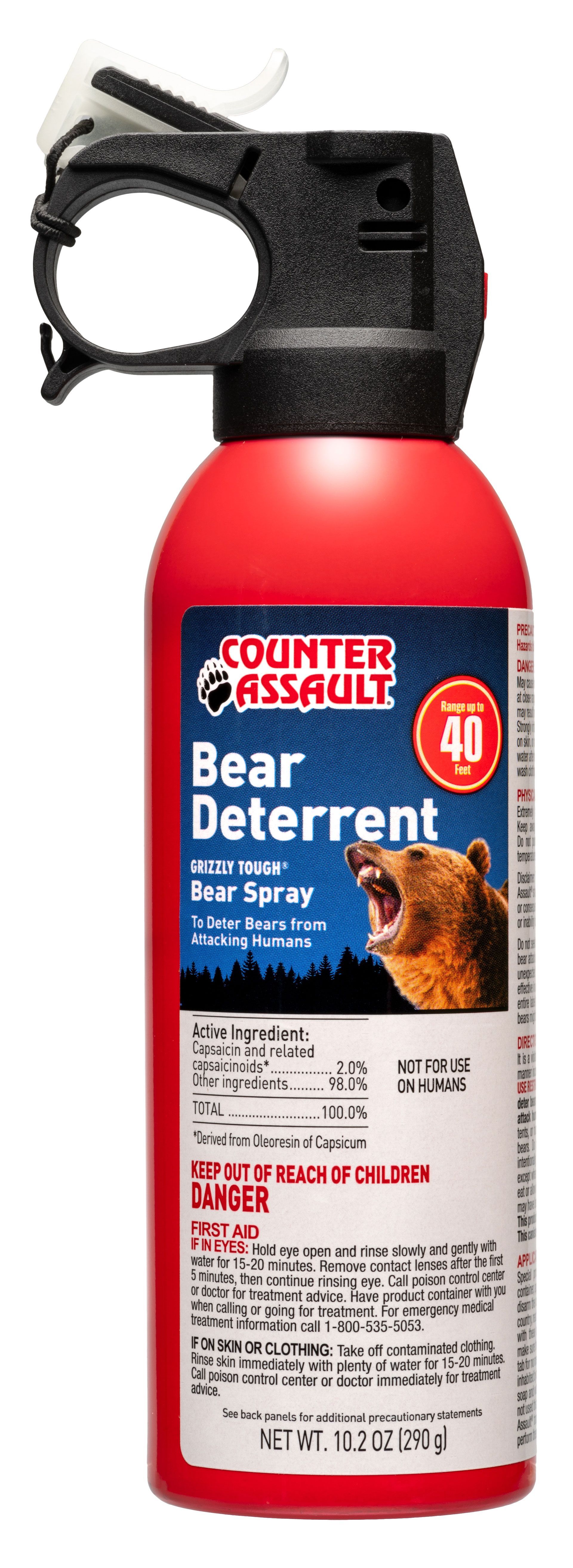 Red can of bear deterrent spray, labeled 