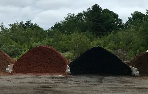 Three large piles of colored mulch in an outdoor yard with trees in the background