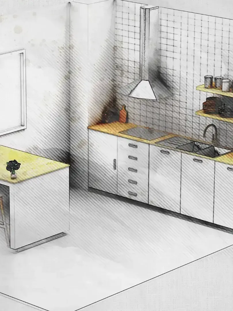 Sketch of a bright, modern kitchen with white cabinets, wood countertops, and a small island.