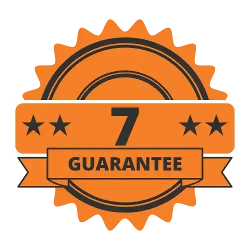 Orange 7-year guarantee seal with stars and ribbon banner