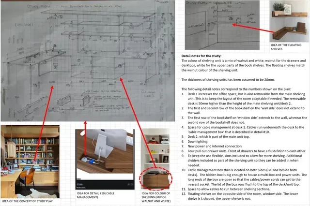 A collage of pictures and a drawing of a room