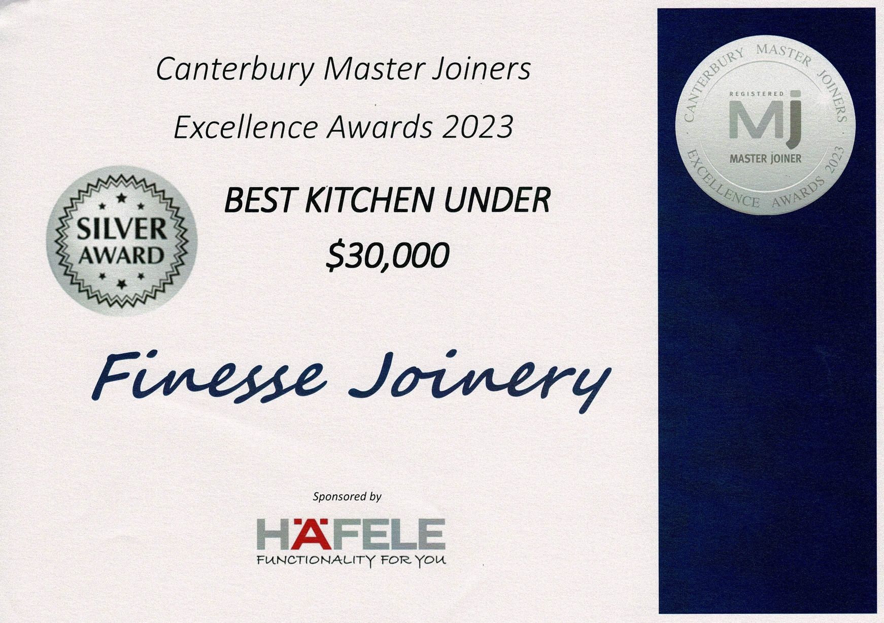 Canterbury master joiners excellence awards 2023 best kitchen under $ 30,000 finesse joinery