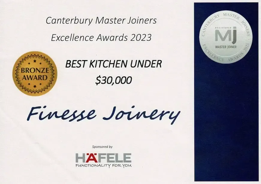 Canterbury Master Joiners Excellence Awards 2023 certificate for Finesse Joinery, Best Kitchen Under $30,000