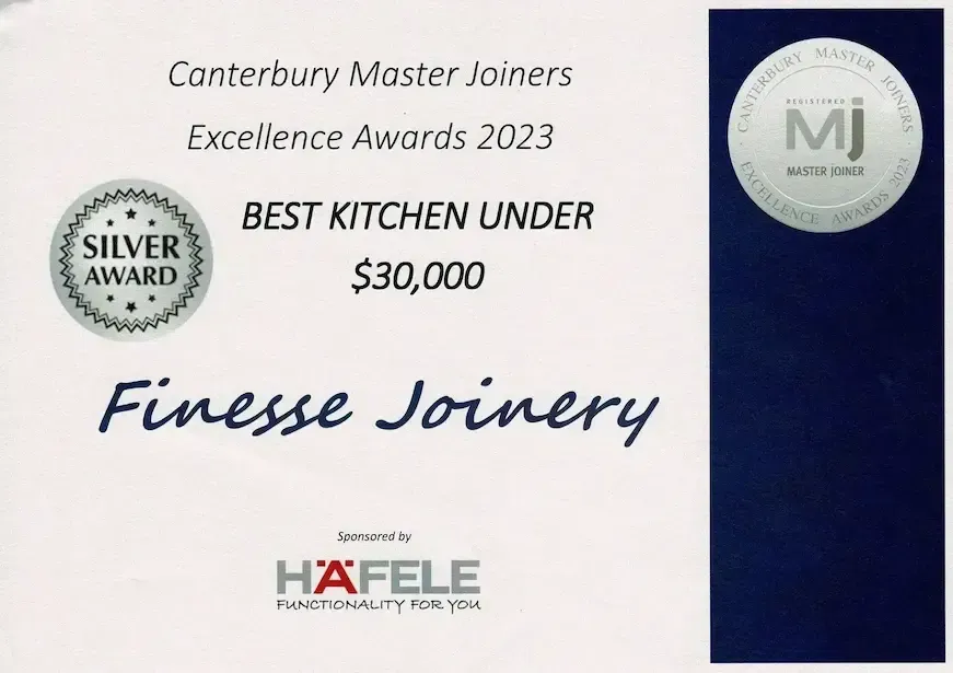 Canterbury Master Joiners Excellence Awards 2023 plaque for Finesse Joinery, silver award under $30,000